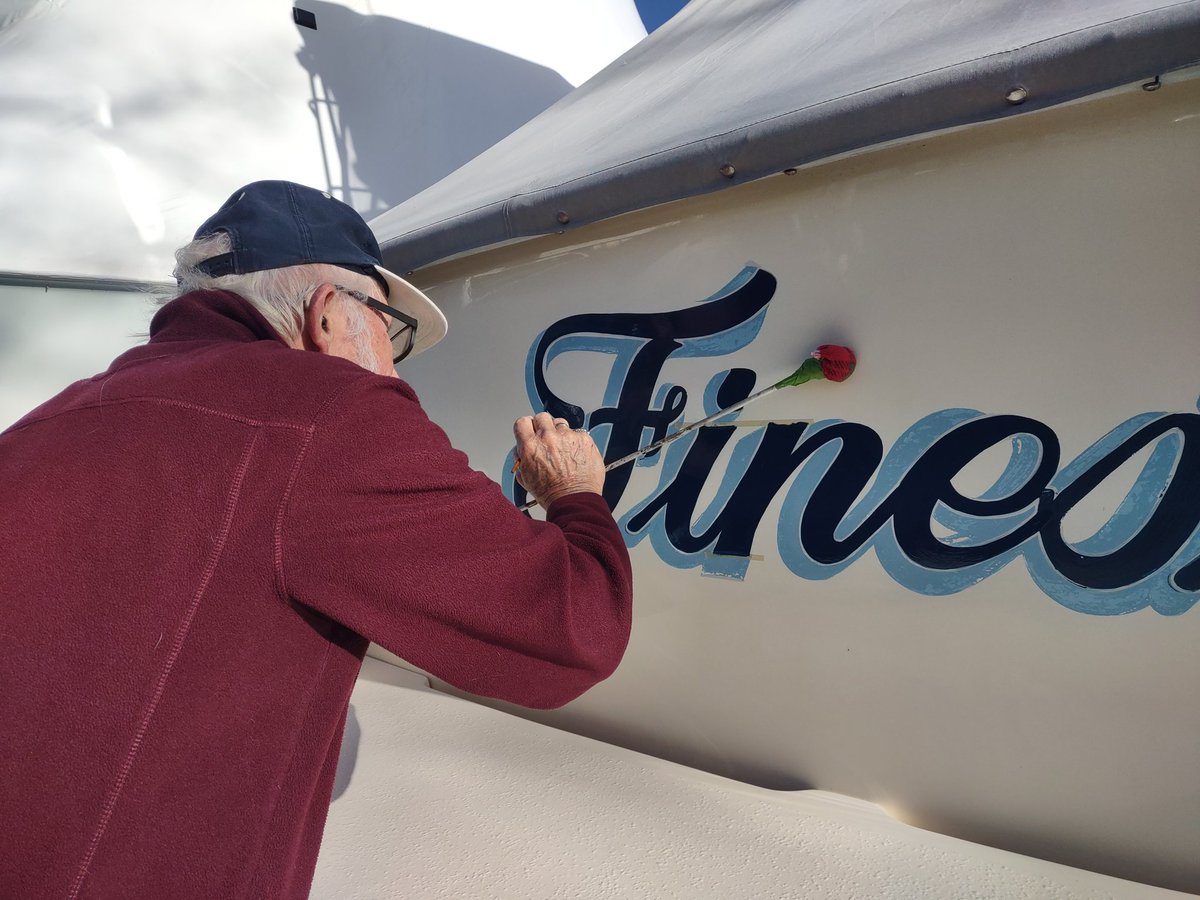 DesignsandSigns's tweet image. Repainting an old boat name in Essex at Bowleys Marina. Great day to be working outside by the water. #sailing #boating