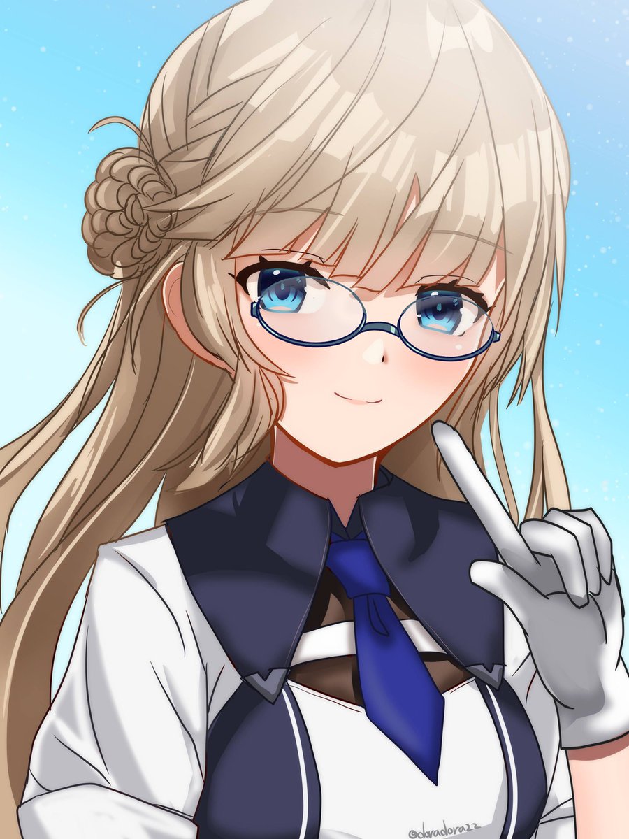 1girl solo gloves blue eyes long hair hair bun glasses  illustration images