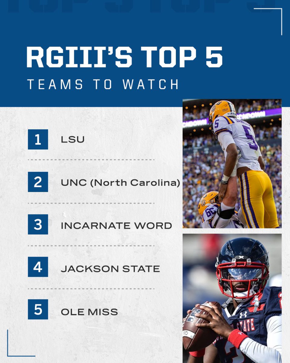 RGIII's tweet photo. Top College Teams to Watch
1–@LSUfootball 
2-@UNCFootball 
3-@UIWFootball 
4-@GoJSUTigersFB 
5-@OleMissFB https://t.co/Z979cAASuU