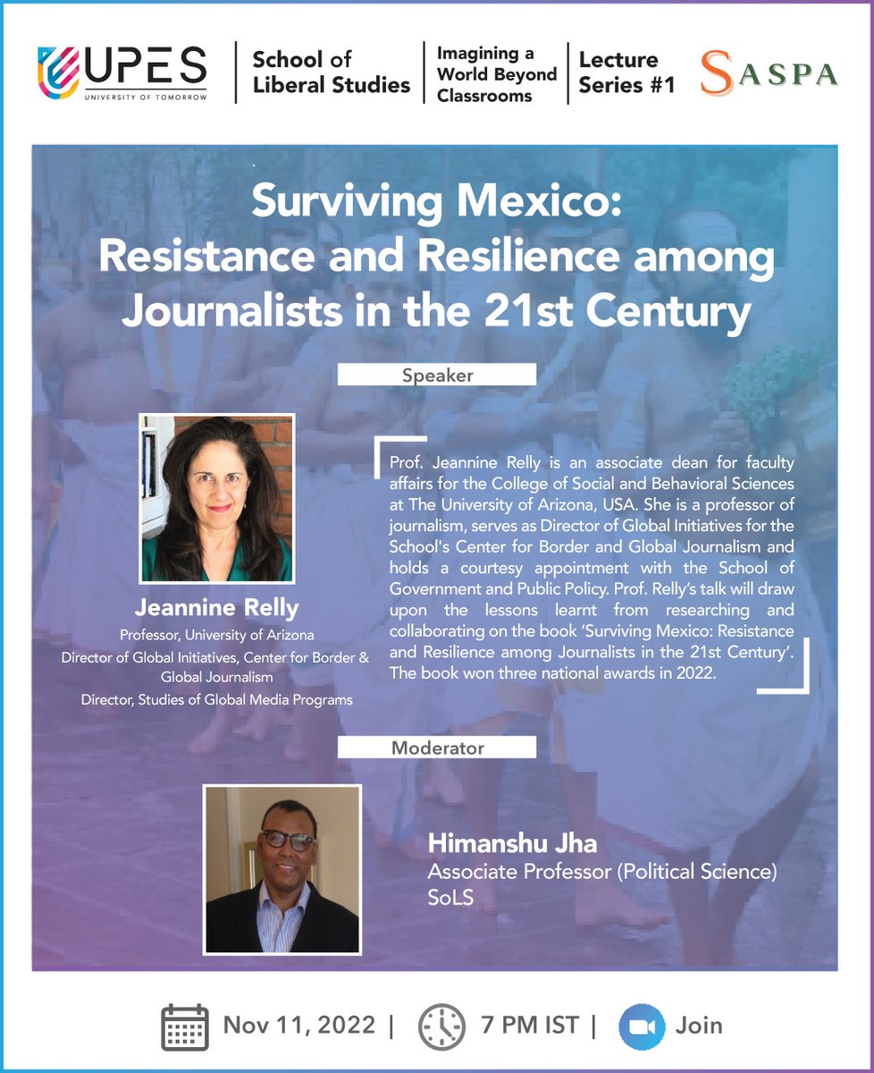 SOLS_UPES's tweet photo. We would host Prof @JeannineRelly from @uazjschool
in the #SOLSlectureseries with @SASPA_ASPA tomorrow.
Prof.Relly will speak on her co-authored book with @celestegdb-"Surviving Mexico: Resistance and Resilience among Journalists in the 21st Century".
Join:https://t.co/uV1KncjCpy https://t.co/cMW8Dl0fGn