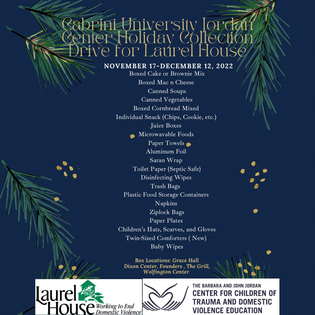 JordanCenterCU's tweet image. The season of giving is here! Join the Jordan Center this holiday season as we collect items for Laurel House from November 17-December 12. Box locations will be Grace Hall, Dixon Center, Founders, the Grill, and Wolfington Center. Thank you!