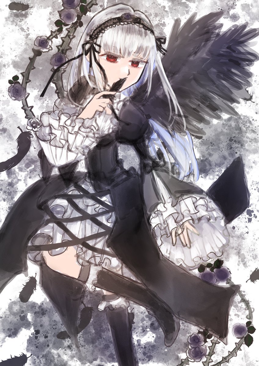 suigintou 1girl solo red eyes wings long hair dress feathers  illustration images