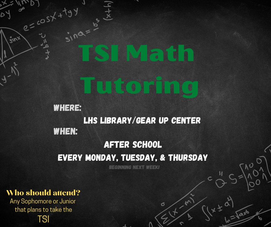 GEARUPLISD's tweet photo. Sophomores &amp; Juniors! 
Starting NEXT WEEK we will be offering TSI Math Tutorials in the Library after school. 

Every Monday, Tuesday, &amp; Thursday after school meet with your Math TSI tutor in the library from 3:30-4:30 pm. https://t.co/3j0YLokrsu