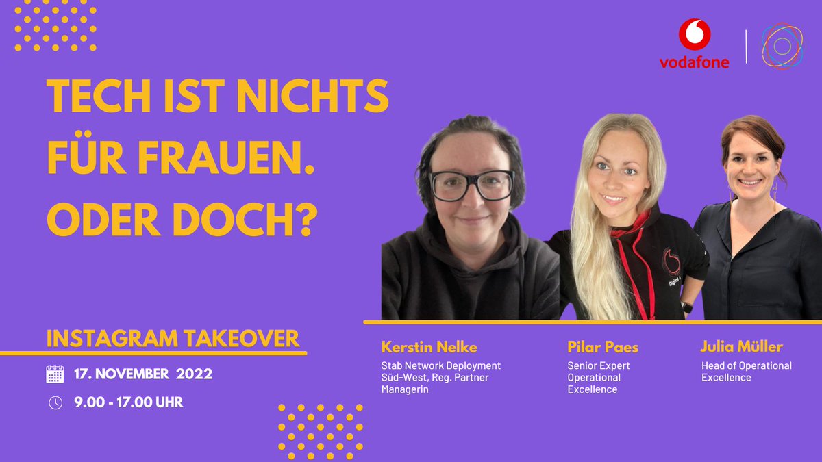 Tech ist nichts für Frauen. Oder doch? 🤔
Mit unserem Partner @Vodafone sind wir absolut vom Gegenteil überzeugt. Beim GDW IG-Takeover am 17. November geben dir Julia Müller, Kerstin Nelke und Pilar Paes Einblicke in ihren Arbeitsalltag bei Vodafone. Bist Du dabei? 
#GDWxVodafone