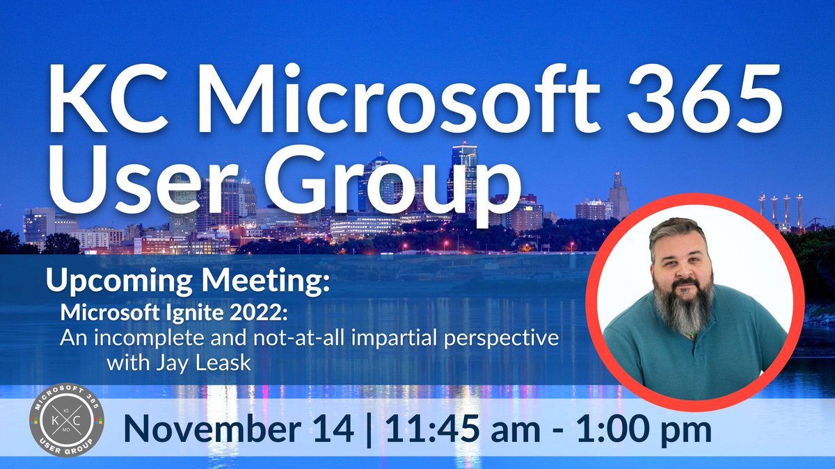 Coming up on Monday! Join the November <a href="/KCM365UG/">Kansas City Microsoft 365 User Group - KCM365UG</a> 11/14 virtual session to learn all about the latest updates from #MSIgnite with <a href="/jayleask/">Jay Leask #MTC #M365GovCall</a>

Tickets are free, but reservations are requested

Learn more &amp; register at bit.ly/kcm365

#M365 #SharePoint #Azure #PowerPlatform
