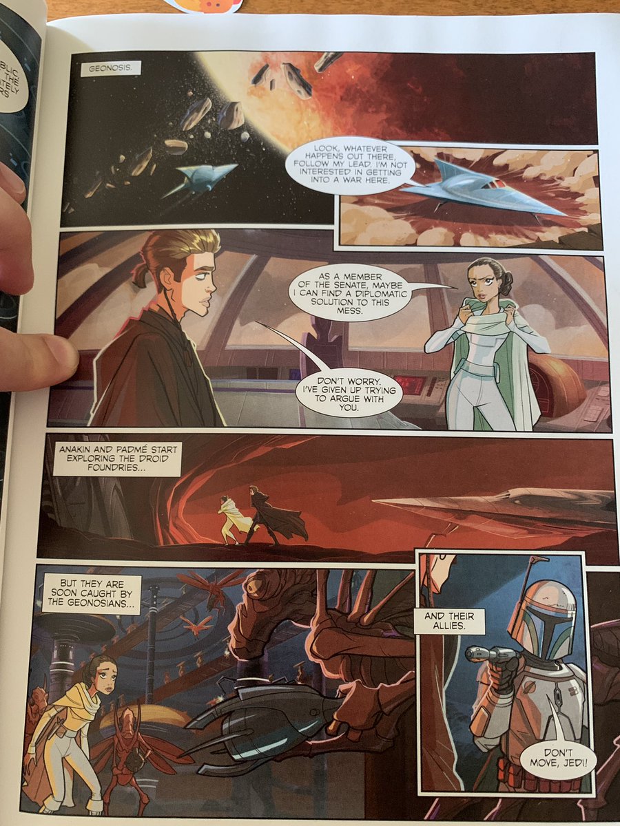 DammitDamman's tweet photo. @More_Civilized I’m a bit behind on the podcast, just finished the Revenge of the Sith ep. But I’m also reading the official prequel trilogy graphic novel and thought you all should see how vitally important it considers the Geonosis factory scene. https://t.co/gBrh7LaJuL
