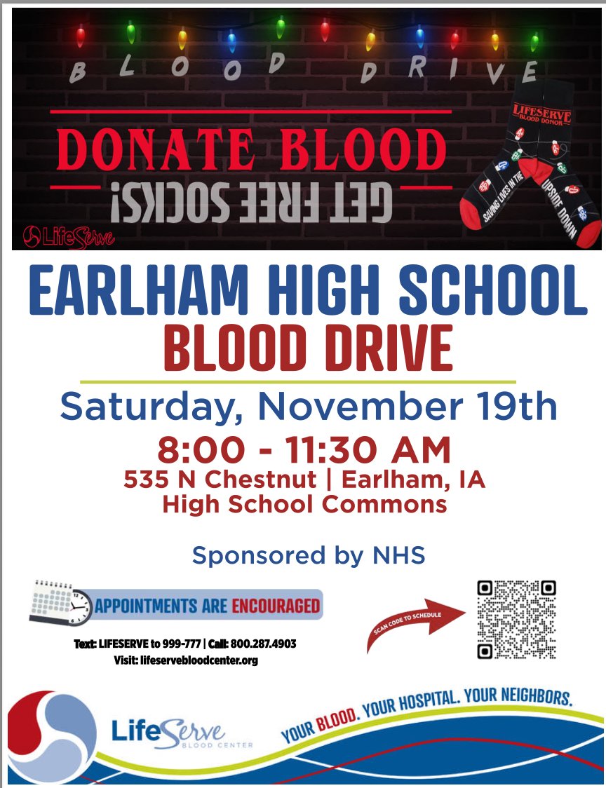 Did you know someone needs blood every 2 seconds? Did you know that you could save three lives just by donating blood one time? NHS is hosting a blood drive on November 19! Scan the QR code below to sign up!