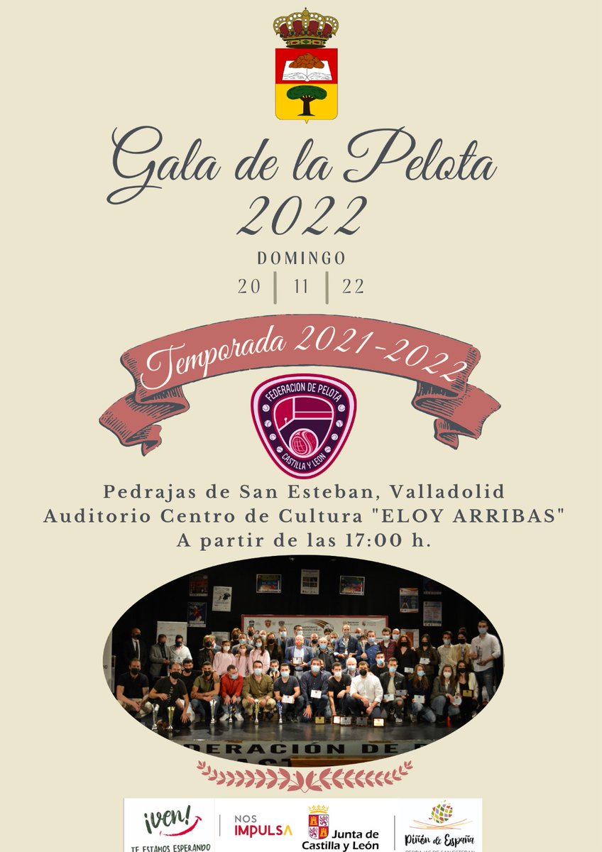 GALA DE LA PELOTA 2022
El domingo 20 de noviembre se celebrará la Gala de la Pelota 2022 en el Centro de Cultura Eloy Arribas de Pedrajas de San Esteban para premiar a los y las pelotaris más destacados de la temporada 2020-2021. 
<a href="/deportesjcyl/">Deporte Castilla y León</a> 
@ayto_pedrajas