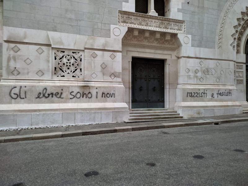 adielofisrael's tweet photo. On the anniversary of the Kristallnacht pogrom, a synagogue in Italy was vandalized with “Jews are the new racists and fascists”. https://t.co/rNam1oeNDR