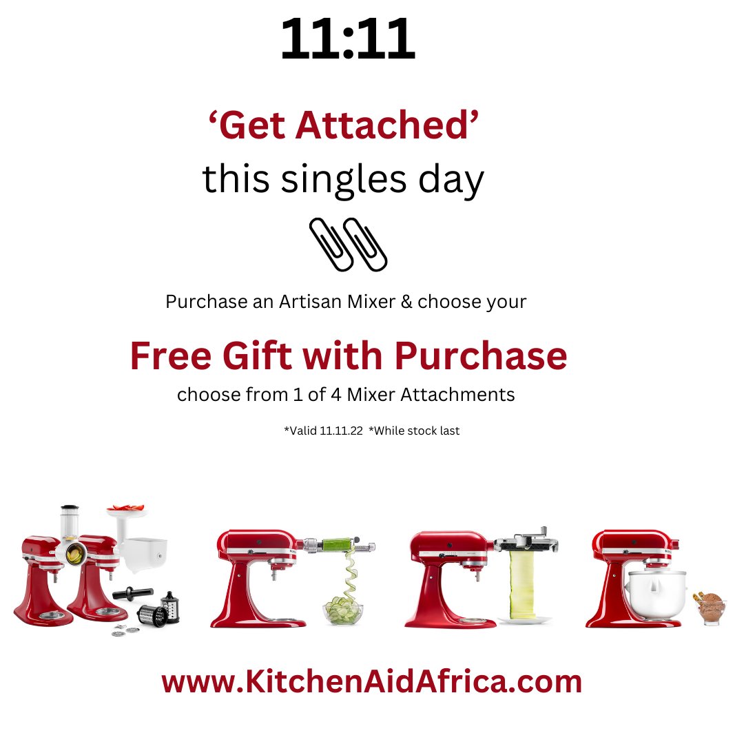 KitchenAidAfric's tweet photo. 11:11
‘Get Attached’ this singles day 🔗📎🖇️
Purchase an Artisan Mixer and choose your Free Gift with Purchase, choose from 1 of 4 Mixer Attachments
#KitchenAid #KitchenAidAfrica #GetAttached #Mixer #singlesday
https://t.co/AAEl2WALQy https://t.co/hM6cKNdPOt