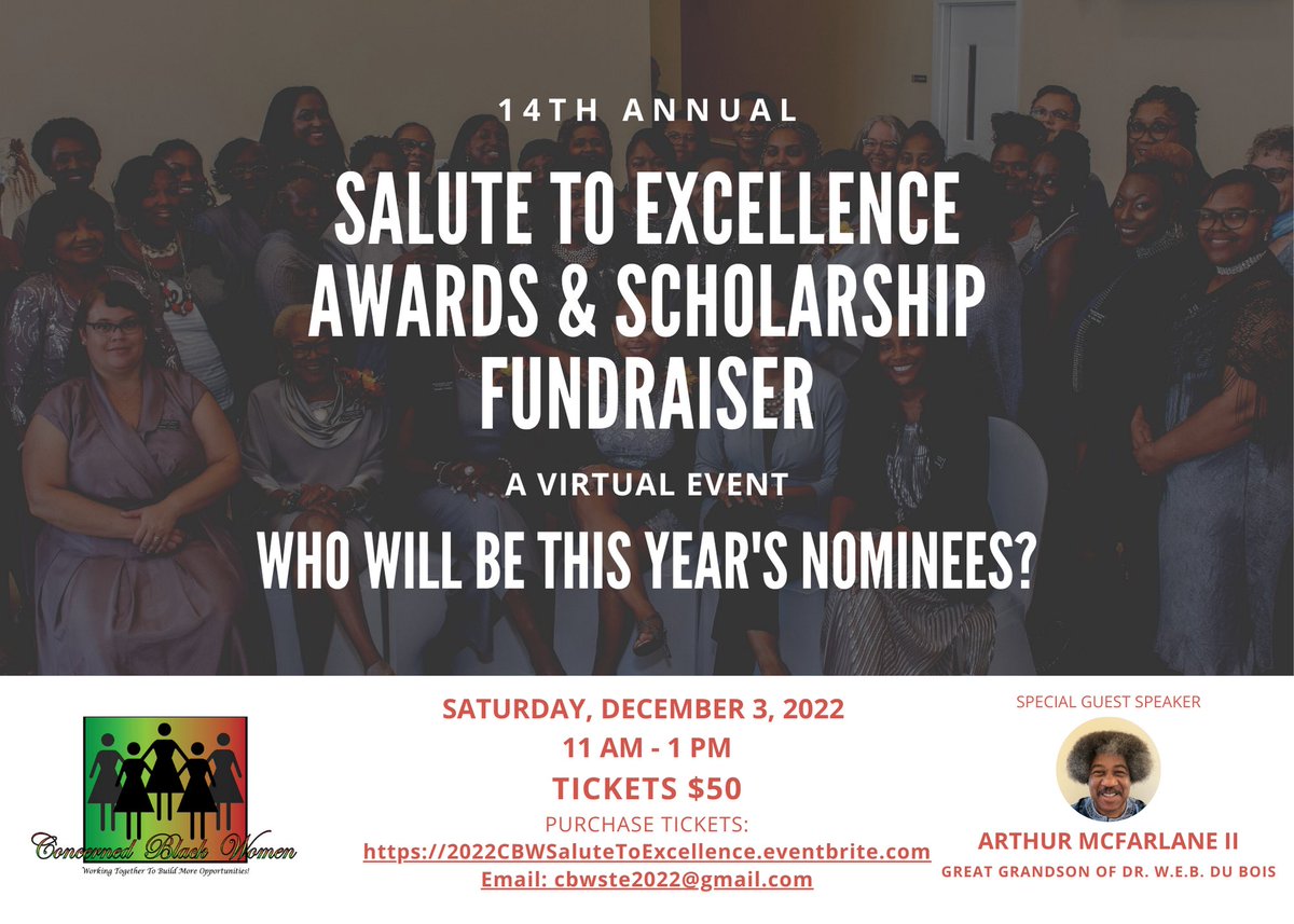 Tickets on sale NOW! 🎫 Saturday, December 3, 2022 11-1. 
…2cbwsalutetoexcellence.eventbrite.com
When you support the signature fundraiser of the Ladies of Concerned Black Woman, you're offering a Calvert County High School student hope, encouragement, purpose, and drive!