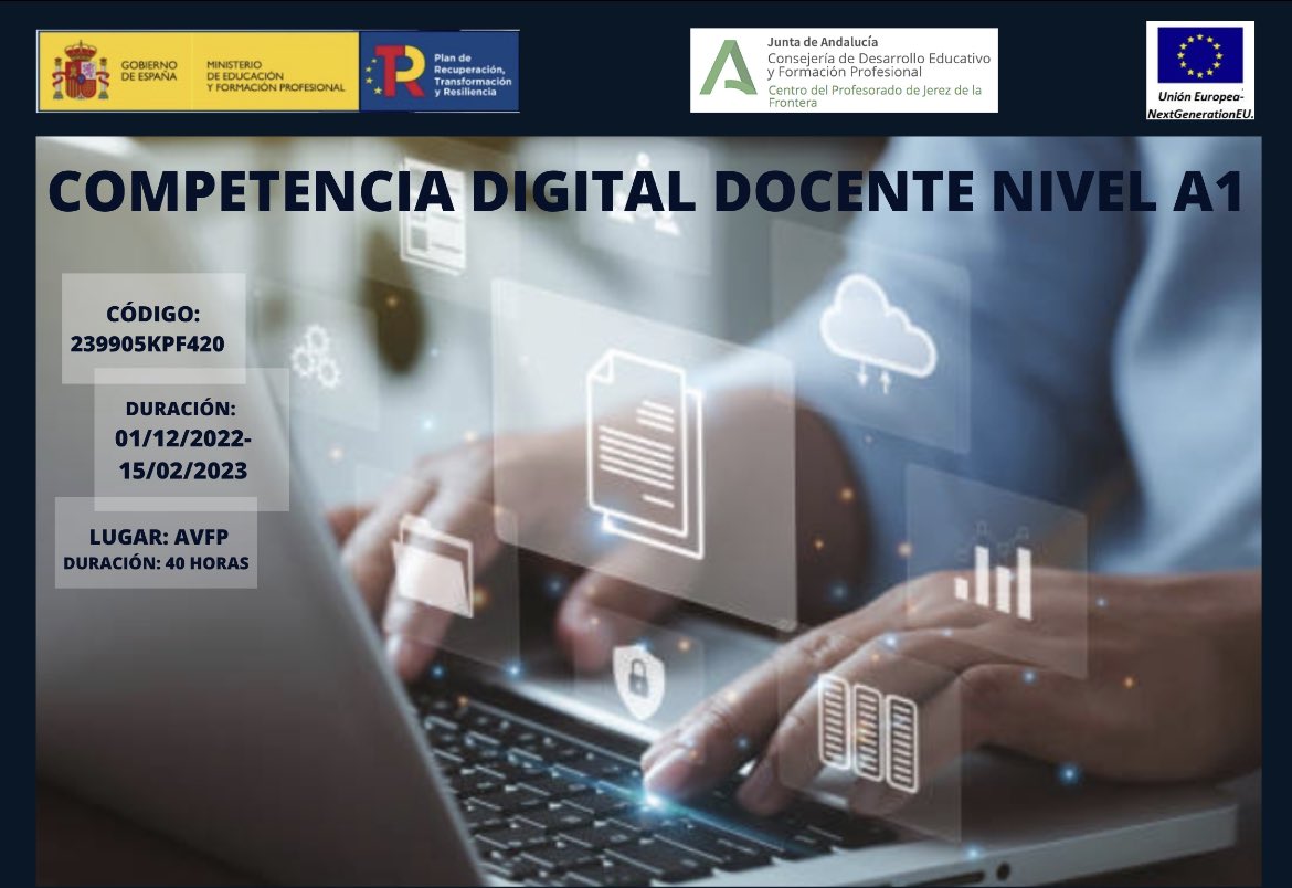 CEPdeJEREZ's tweet image. Curso #online en #AVFP para acreditación en A1 en el #MRCCD bit.ly/3GdobXk 💻🖥️👩🏼‍💻🥇#competenciadigitaldocente #a1 @educaand @formacprofand