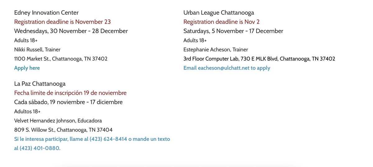 We've got a few Chattanooga classes starting this month! Make sure you check out techgoeshomecha.org to stay up to date!