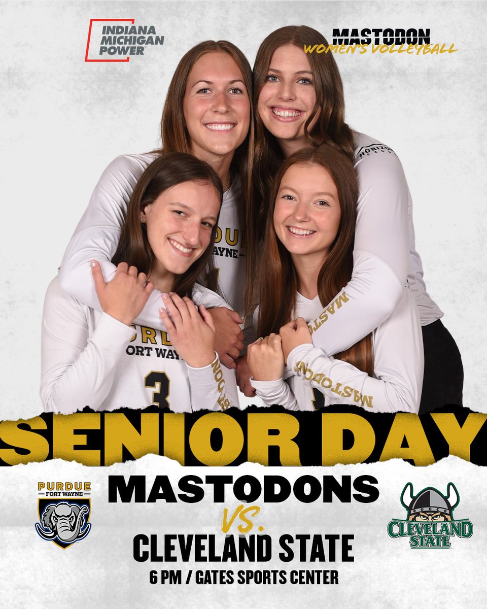 🎉 Senior Day!
🏐 <a href="/MastodonWVB/">Purdue Fort Wayne WVB</a> vs. Cleveland State
⏰ 6 PM
📍 Fort Wayne, Ind.
📊 bit.ly/2PtYmG3
📺 es.pn/3V1XPft

#FeelTheRumble #HLVB