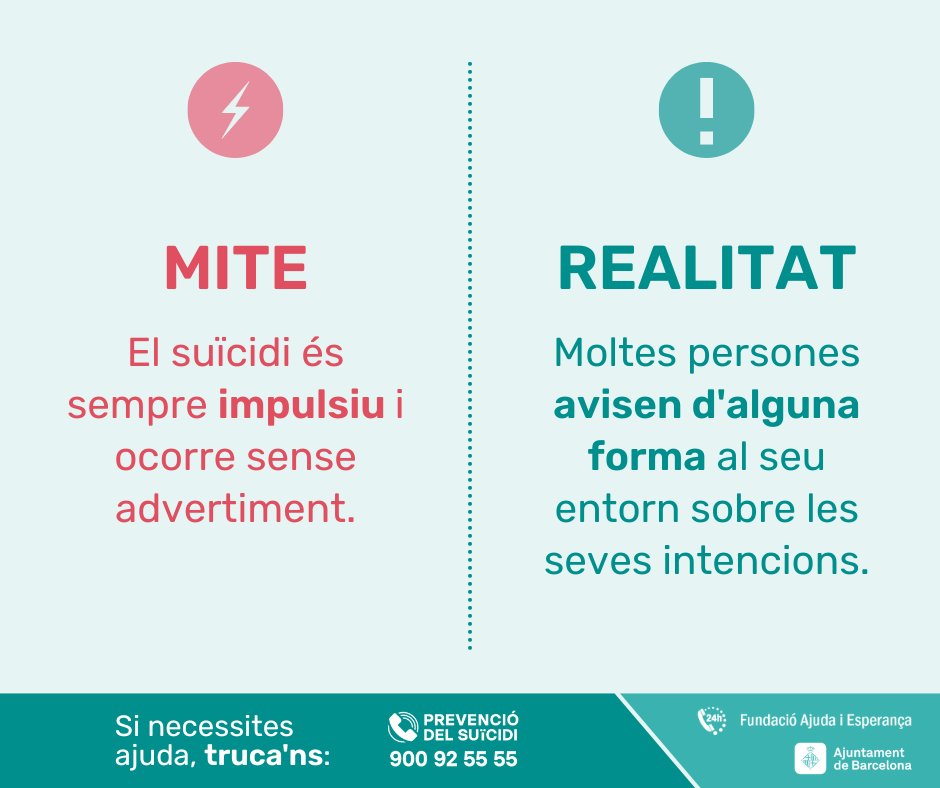 TPrevSuicidi's tweet photo. La conducta suïcida és un procés i durant el seu transcurs és habitual que apareguin senyals d’alerta que cal prendre's seriosament.

Les persones de l'entorn tenen un paper clau en la #prevenciódelsuïcidi, ja que poden detectar a temps aquests indicadors. https://t.co/h4B3EgZRwn