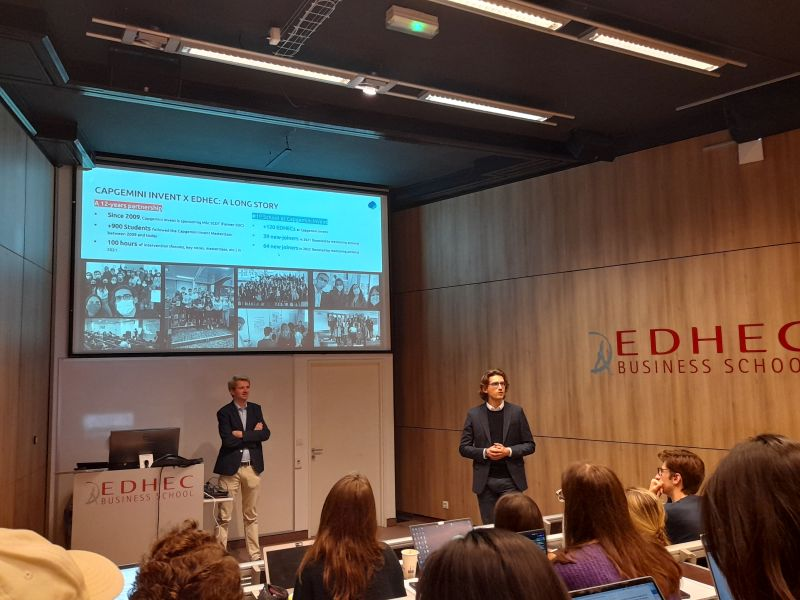 EDHEC_BSchool's tweet photo. EDHEC was proud to welcome @Capgemini's senior consultants Gabriel Marvier and Guillaume Crozier who presented the major challenges of the #consulting industry to our #Master's students in #Finance on our Nice campus. #EDHECMaster https://t.co/zIeF9aRrAX