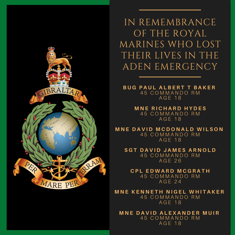 theRMcharity's tweet photo. In memory of the Royal Marines lost in Aden and Little Aden.

At the going down of the sun and in the morning, we will remember them. #LestWeForget https://t.co/R31bZarNO7