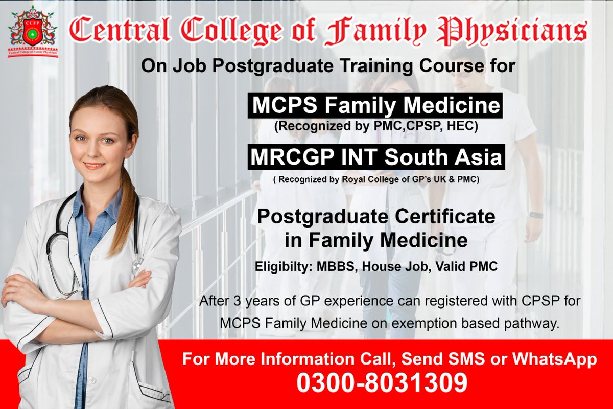 POSTGRADUATE DEGREES ON EXEMPTION BASED
1- For MCPS Family Medicine
    (PMC, CPSP, HEC Recognized)
2- MCPS Family Dentistry
     (PMC, CPSP, HEC Recognized)
3- For MRCGP int UK
    (PMC Recognized)
    Best Regards
wa.me/923008031309
More Information # 923008031309