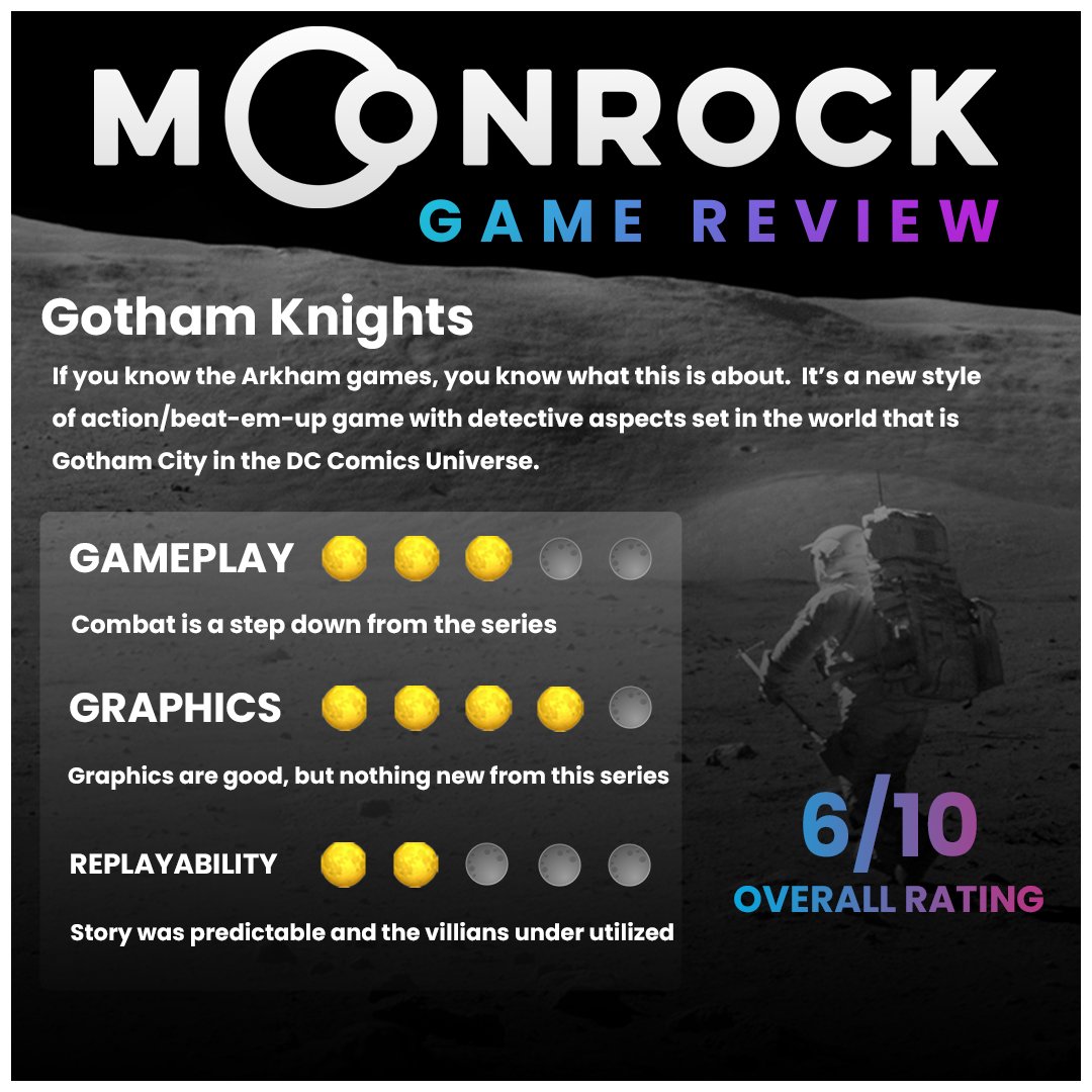 This round of 'Moonrock Game Reviews' is: 'Gotham Knights' by @wbgames released on PC/PS5/Xbox Oct of this year! This review was for the PC version. To say I was disappointed is a bit of an understatement. Its a good game, just not the one I hoped for. gothamknightsgame.com/en-us