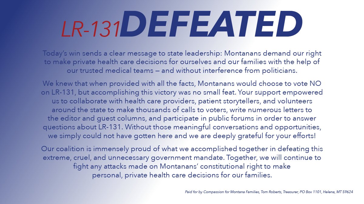 We did it and it was all due to the families who shared their deeply personal stories, the healthcare providers who worked tirelessly to educate voters, and all our volunteers who helped us spread awareness. #LR131, a cruel and unnecessary proposed government mandate, is defeated