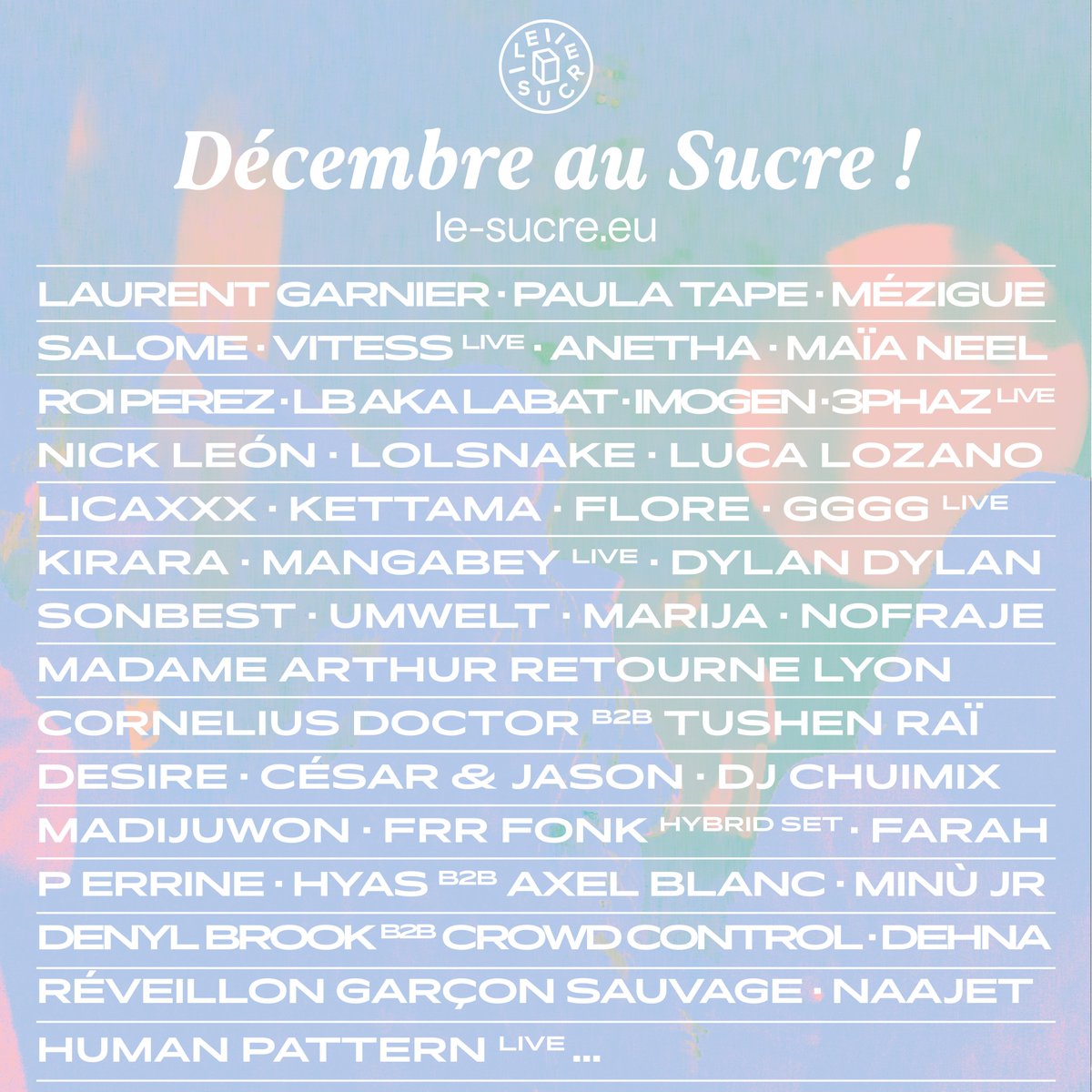 Le Sucre (@lesucrelyon) on Twitter photo 𝗘𝗻 𝗱𝗲́𝗰𝗲𝗺𝗯𝗿𝗲 le retour du patron, les actes III des résidences de Mézigue, Anetha et Umwelt, la dernière Party Series avec <a href="/CarharttWIP/">Carhartt WIP</a>, la venue inédite du Cabaret <a href="/madame_arthur/">Madame Arthur</a>...
🌐 Toutes les infos ici : le-sucre.eu/agenda/
🎟 Tickets : shotgun.live/fr/venues/le-s… 𝗘𝗻 𝗱𝗲́𝗰𝗲𝗺𝗯𝗿𝗲 le retour du patron, les actes III des résidences de Mézigue, Anetha et Umwelt, la dernière Party Series avec <a href="/CarharttWIP/">Carhartt WIP</a>, la venue inédite du Cabaret <a href="/madame_arthur/">Madame Arthur</a>...
🌐 Toutes les infos ici : le-sucre.eu/agenda/
🎟 Tickets : shotgun.live/fr/venues/le-s…