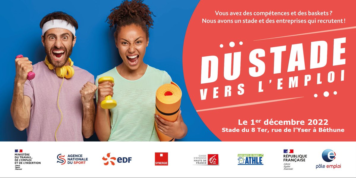 ⏩Lâche ton CV, mets tes baskets 👟
⏳Le 1er décembre, à Béthune, c'est le Stade Vers l'Emploi
Le matin🌄, tout le monde sur le terrain
Le midi, c'est tablée 🍴
Et dans la foulée ... On recrute en survêt !!!!!