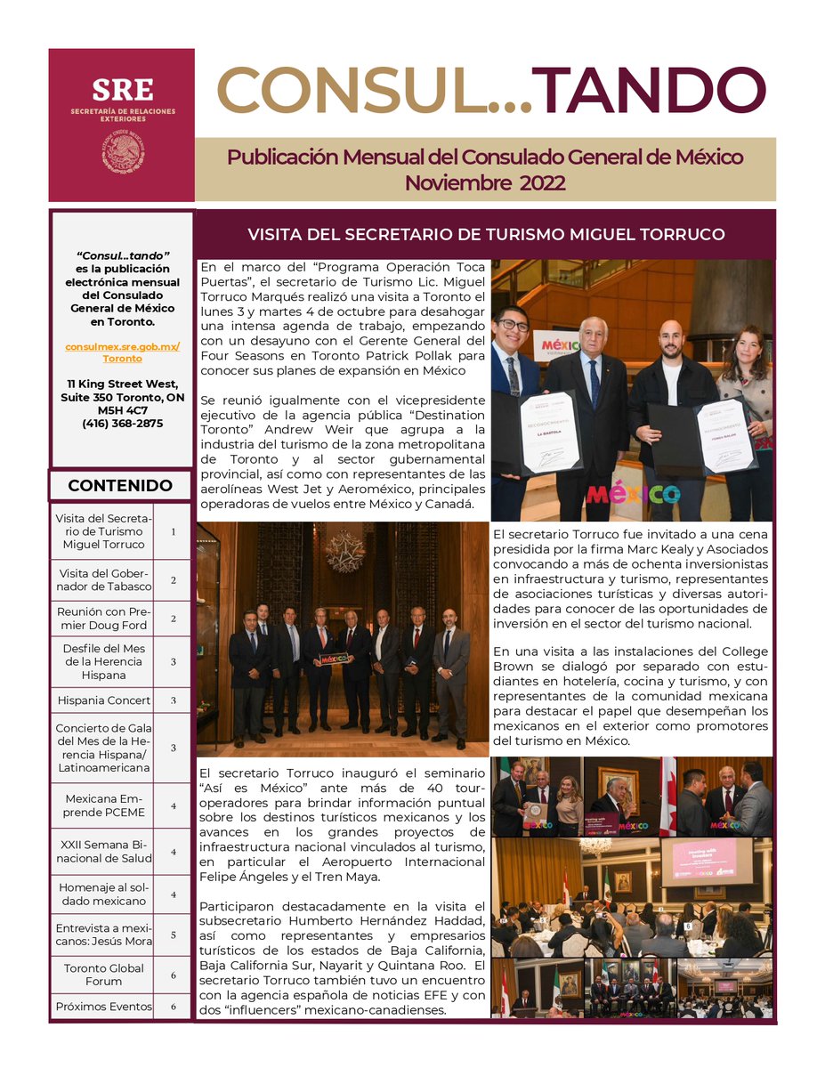 La edición de noviembre de 2022 del boletín electrónico del Consulado General de México en Toronto, se encuentra disponible en el enlace:  bit.ly/3G4lSG5