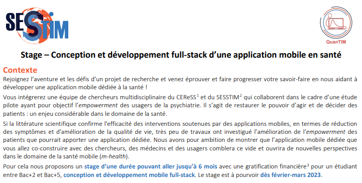 SESSTIM's tweet image. [#Stage] Notre équipe QuanTIM, avec le CEReSS, propose un stage de 6 mois sur l’empowerment des usagers de la psychiatrie !

📄 Conception et développement #FullStack d’une #ApplicationMobile en #santé

➡ sesstim.univ-amu.fr/fr/offre-d-emp…

#Empowerment #DéveloppementMobile #SantéPublique