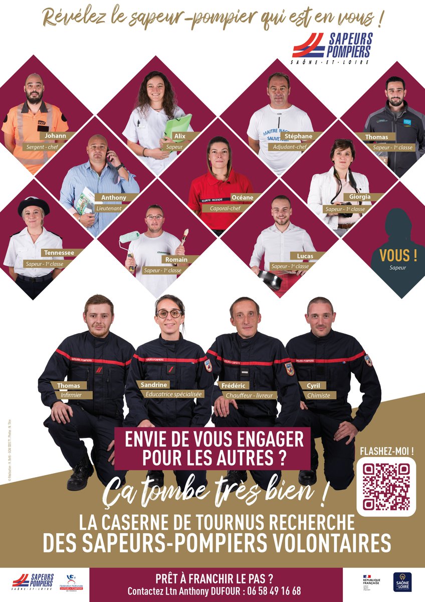 SDIS71's tweet photo. #VOLONTARIAT | Après Joncy, Toulon, c’est au tour du centre de Tournus de recevoir sa nouvelle campagne de #recrutement ! Une campagne de proximité qui valorise l'humain et l'engagement.😉
🙏Merci à @NicolasTitre, aux #centres et #spv qui se sont prêtés au jeu ! @saoneetloire https://t.co/wnGUC4xMF7
