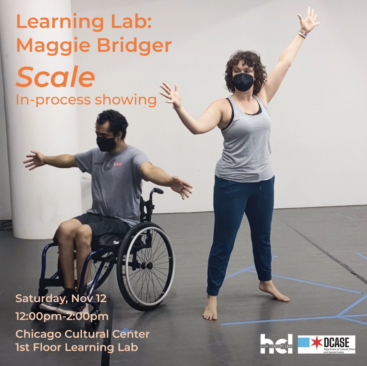 This Saturday, Nov 12, 12:00 pm-2:00 pm, at Chicago Cultural Center - 1st Floor Learning Lab
Join us for an in-process showing of Scale, a new dance work by Maggie Bridger and her collaborators, Robby Lee Williams and Alex Neil-Sevier. 
highconceptlabs.org/events/learnin…