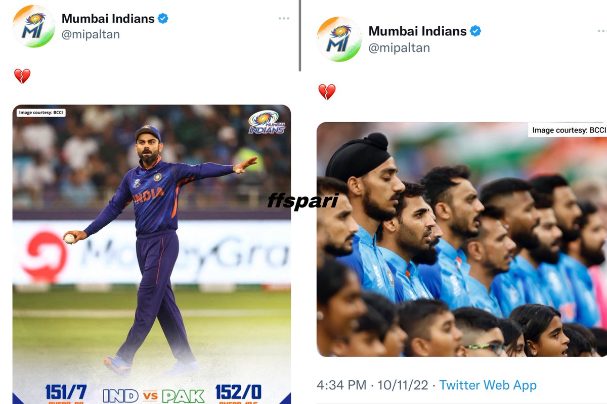 2021 - Virat Kohli's pic at loss
2022 - Team's win for loss
Years changed but agenda remained same <a href="/mipaltan/">Mumbai Indians</a>