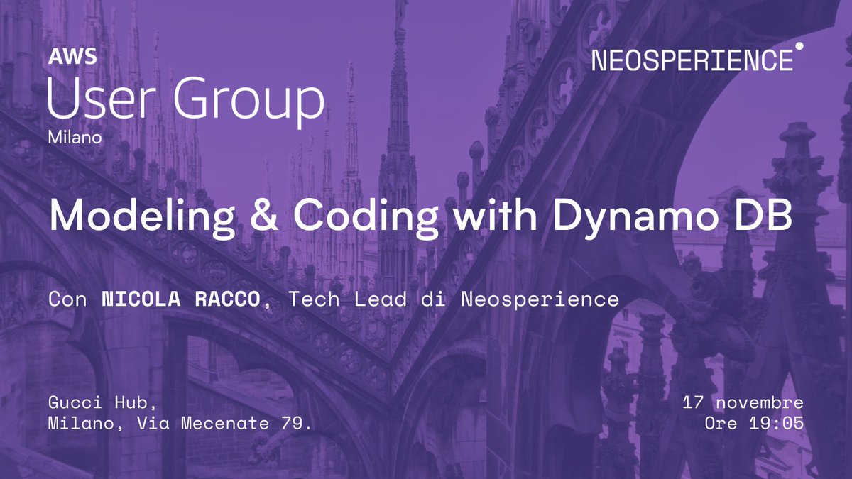 Il nostro Tech Lead <a href="/nicolaracco/">Nicola Racco</a> il 17 novembre alle ore 19:05 sarà ospite all'AWS Infrastructure Night, evento organizzato da AWS UG Milano presso il <a href="/Gucci/">gucci</a> Hub, con il suo intervento “Modeling &amp; Coding with DynamoDB”.

Prenota il tuo posto qui ➡️ meetup.com/awsusergroupmi…