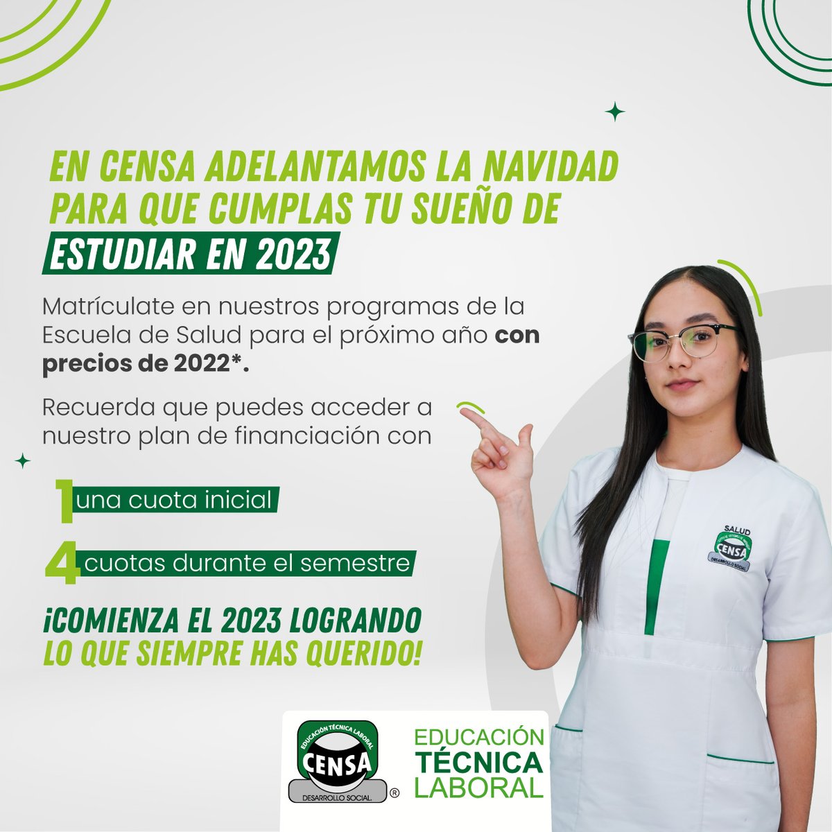 Queremos hacer realidad tus sueños, por eso, tenemos un regalo especial para ti 🤩Matricúlate en nuestros programas de salud para el próximo año con precios de 2022. 
Nuestro plan de financiación: bit.ly/3NBYscR
*Aplican condiciones y restricciones