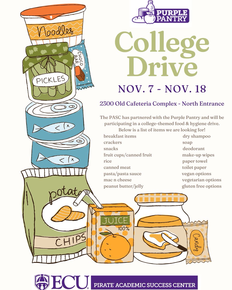 This year we have partnered with <a href="/ecupantry/">ECU Pantry</a> and are having a College Drive! Please consider donating any food or hygiene products from now until November 18th. The donation box is located here at the PASC on the tutoring floor. We hope you consider donating!
#SuccessStartsHere