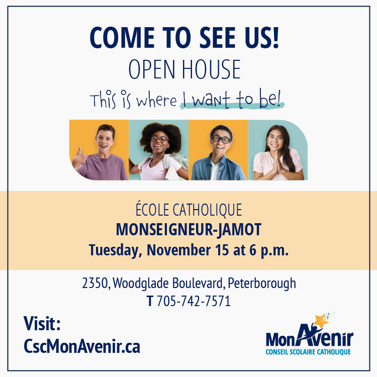 L'école vous invite pour ses portes ouvertes pour le palier secondaire mardi prochain : 15 novembre à partir de 18h. Faites passer le mot! Nous vous attendons en grand nombre. 
Offrez une éducation de langue française à votre enfant!