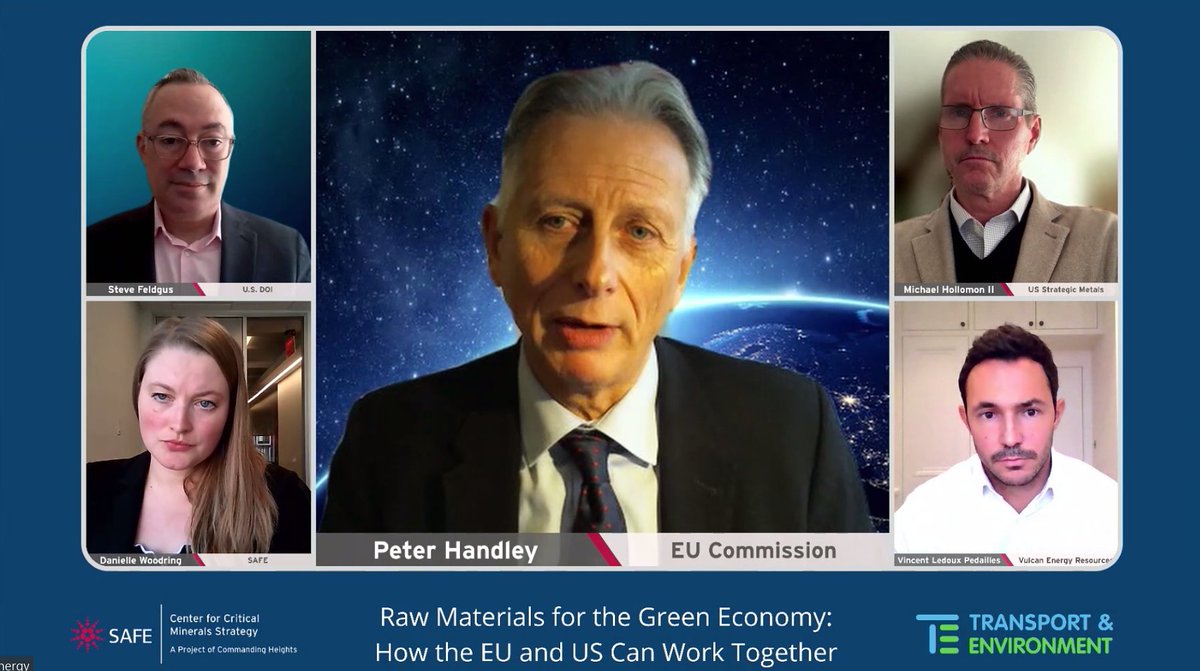 Great to participate to the <a href="/transenv/">T&E (🦋 find us @transportenvironment.org)</a> session on "Raw Materials for the Green Economy: How the EU and US Can Work Together" with Peter Handley from the <a href="/EU_Commission/">European Commission</a>, Steve Feldgus from the US Department of Interior, and Mike Hollomon from USSM.  <a href="/VulcanEnergyRes/">Vulcan Energy</a>