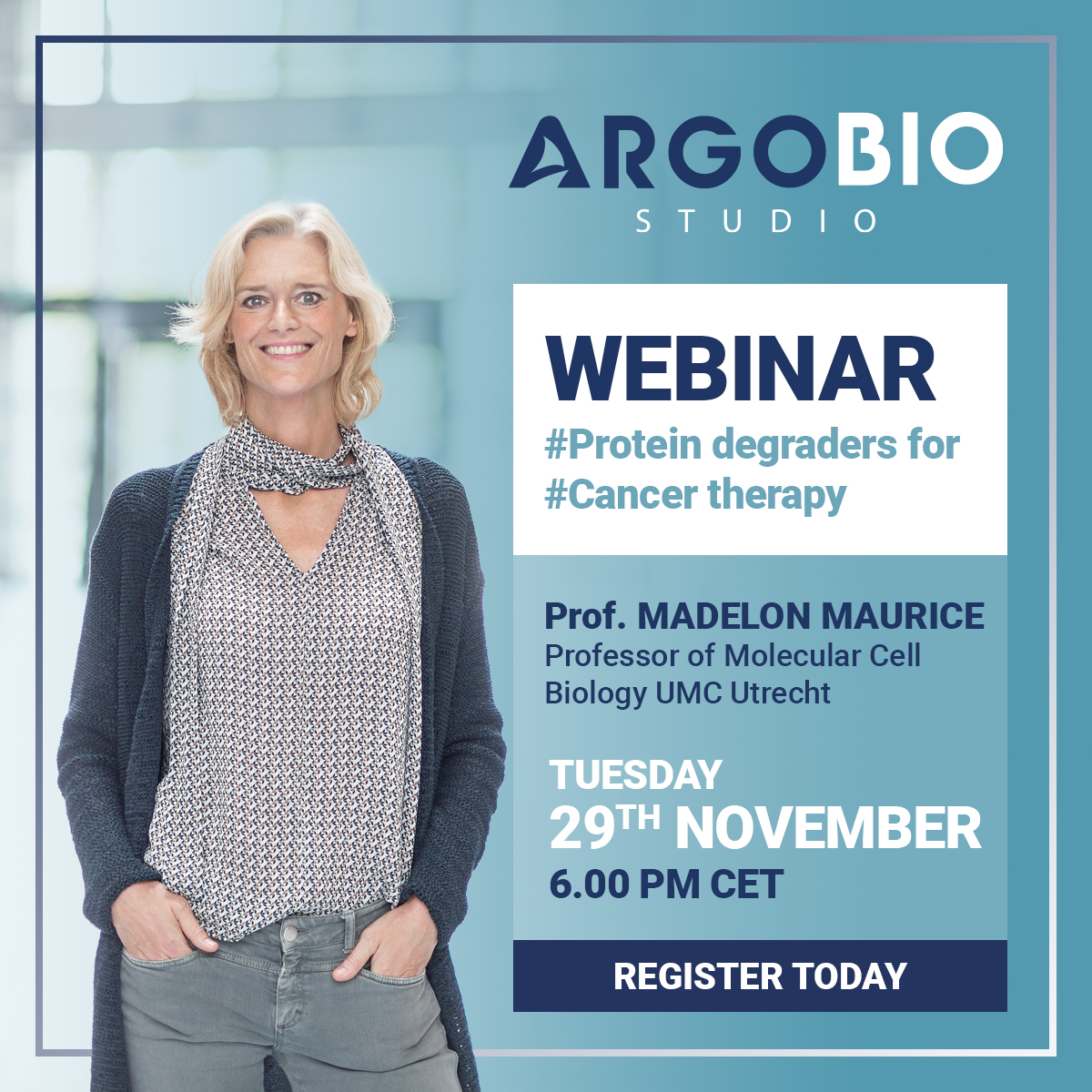 #ARGOBIO’s WEBINAR : Prof. @MadelonMaurice  will present “Leveraging a novel targeted membrane protein degradation approach in cancer therapy”, 29th November at 6 pm CET.
Register : app.livestorm.co/p/e972734b-e5b…

#membraneprotein #bispecificantibody #antibody #LaigoBio