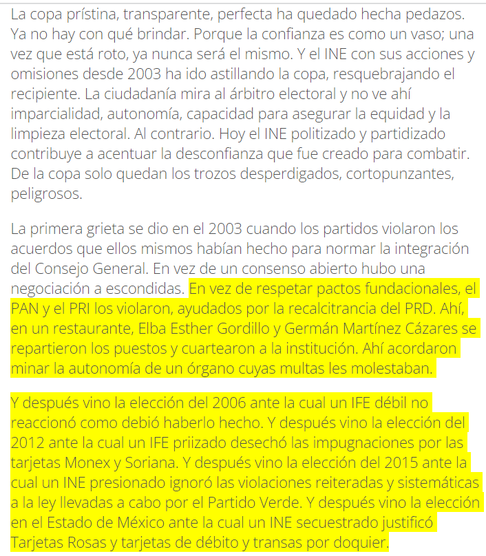 varamburucano's tweet image. Demoledor artículo de @DeniseDresserG donde repasa la parcialidad del árbitro electoral. 
La copa rota no puede ser compuesta con un poco de pegamento. Está hecha trizas y habrá que reemplazarla con una de la cual podamos beber confianza, no vidrio molido.
denisedresser.com/columnas/copa-…