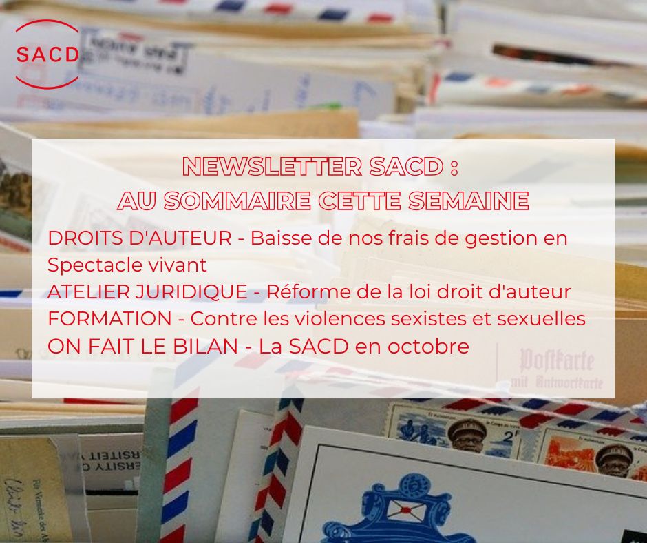 Droit d'auteur, formation, atelier... que faut-il savoir cette semaine ? Réponse dans la newsletter de la SACD ! 
Vous n'y êtes pas encore abonné.e ? C'est ici que ça se passe : sacd.be/fr/article