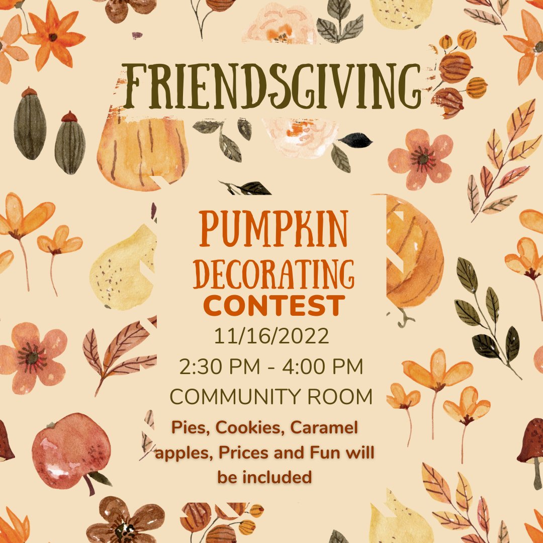 Join us in the community room from 2:30 PM to 4:00 PM on November 16, to participate in the pumpkin decorating contest and have a chance to win a price. Pies, Cookies, Caramel Apples and Fun will be included.
wccnet.campuslabs.com/engage/event/8…