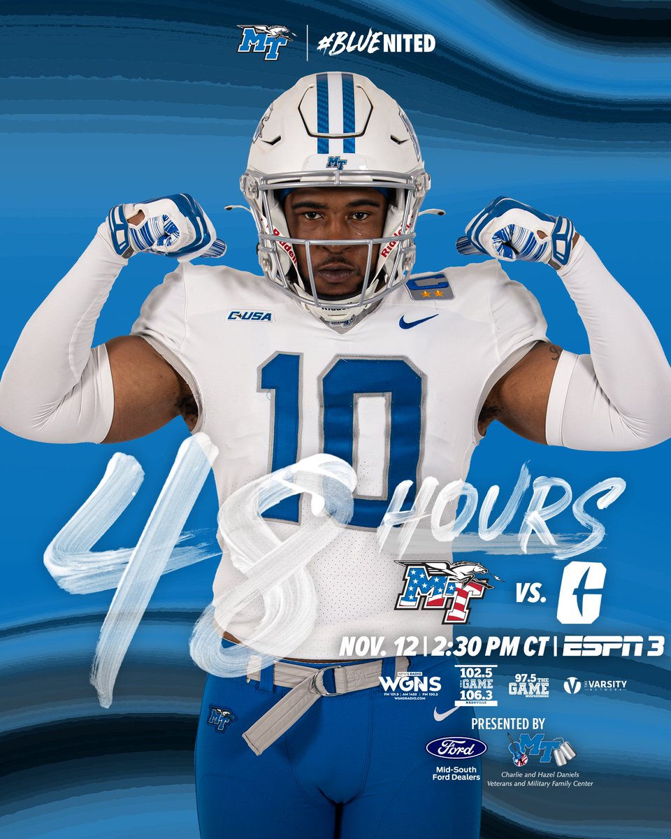 Middle Tennessee Football (@mt_fb) on Twitter photo 4๏ธโฃ8๏ธโฃ hours until kickoff against the 49ers!
๐ vs. Charlotte
๐ Saturday at 2:30 PM CT
๐บ ESPN3
๐บ๐ธ Game presented by <a href="/MidSouthFord/">Mid-South Ford</a> and <a href="/MTVetCenter/">MTSU Daniels Center</a>
๐ bit.ly/3zLJuvh
๐ Students get in FREE with student ID
#BLUEnited | #EATT 4๏ธโฃ8๏ธโฃ hours until kickoff against the 49ers!
๐ vs. Charlotte
๐ Saturday at 2:30 PM CT
๐บ ESPN3
๐บ๐ธ Game presented by <a href="/MidSouthFord/">Mid-South Ford</a> and <a href="/MTVetCenter/">MTSU Daniels Center</a>
๐ bit.ly/3zLJuvh
๐ Students get in FREE with student ID
#BLUEnited | #EATT