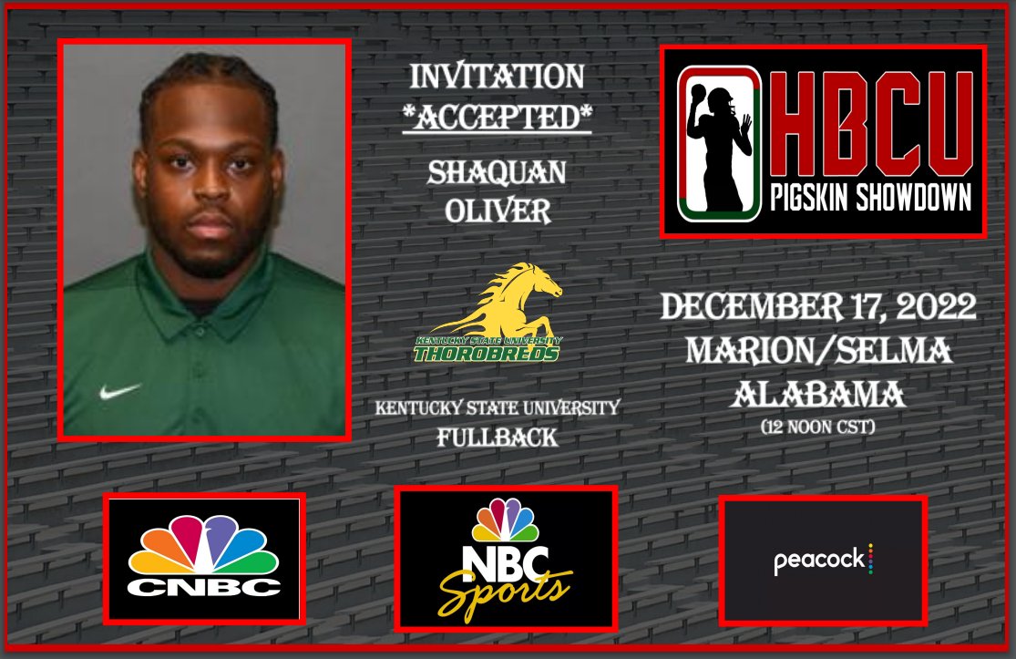 HbcuPigskin's tweet photo. We are proud to announce that Kentucky State FB- Shaquan Oliver (@Shaq_dabull) has accepted his invitation to the 2nd Annual HBCU Pigskin Showdown! https://t.co/S6Va7KkbbY