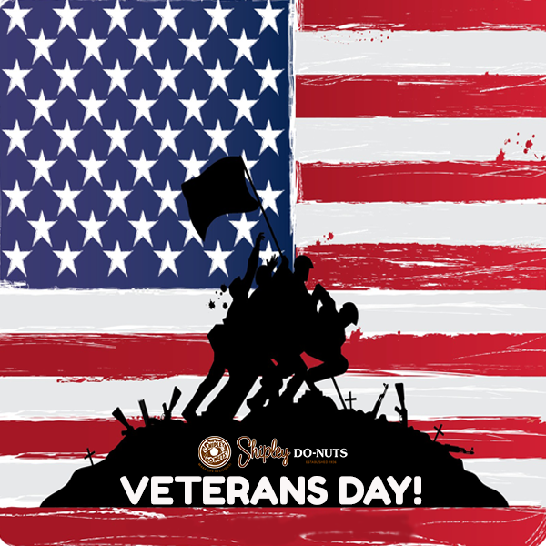 Get your FREE warm glazed Shipley donut and small coffee this Friday, Nov. 11th when you identify yourself as a veteran or active duty military at our 24 hour 12403 Westheimer location or at our 1001 McKinney St location in the downtown tunnels.