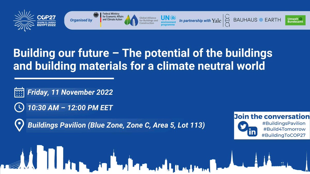 🏗  Materials used in the construction of buildings represent around 9% of energy-related CO2 emissions globally.

👉 Join us tomorrow in the #COP27 #BuildingsPavilion to learn more on the importance of materials for a climate neutral future🏡

Watch live: globalabc.org/news/live-cop2…
