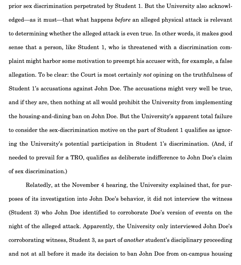 Illinois Federal District Court grants #TitleIX student Plaintiff a 14 day Temporary Restraining Order, prohibiting his school kicking him out of on campus housing after investigation, hearing, and appeal failed to consider his claim that Complainant fabricated the report. #EdLaw