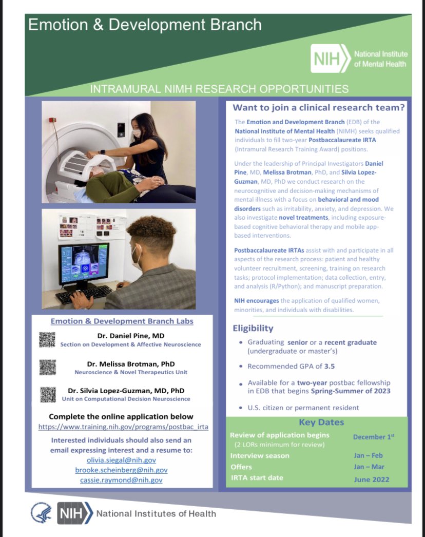 Drs. Pine, Brotman, and Lopez-Guzman at the NIMH have a number of employment opportunities for graduating seniors! See attached ad for more info on these full-time postbac research positions starting in Summer 2023.