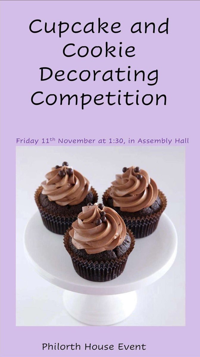 🟣HOUSE EVENT🟣

Tomorrow at lunch we are hosting a cupcake and cookie decorating competition 🧁🍪

There will be prizes for 2 runners up and 1st place!

⭐️House points will also be awarded

P.S you also get to eat your creations.