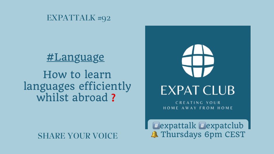 v_konsult's tweet photo. 🌐 EXPAT TALK #92 - 🏡 #Languages Away From Home 🏡” with Susanne Hartmann, @TheEPcoach, @Infinitebyab, @v_konsult and EXPAT CLUB.
🗣 How to learn languages successfully❓
🔔 Today, 10. Nov at 6:00 PM CET in @clubhouse.
Join us! https://t.co/8y4NpwII8S
#ExpatTalk #ExpatClub https://t.co/ZCSo6JzcXt