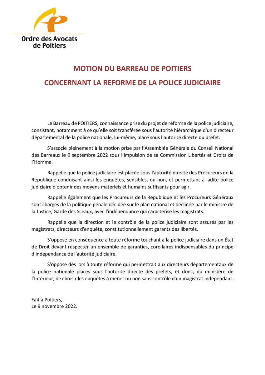 Le Barreau de Poitiers s'oppose à toute réforme touchant la police judiciaire dans un Etat de Droit devant respecter un ensemble de garanties <a href="/BatonnierL/">Bâtonnier de l’Ordre des Avocats de Poitiers</a> <a href="/CNBarreaux/">Conseil national des barreaux - les avocats</a> <a href="/Conf_Batonniers/">ConférenceBâtonniers</a>