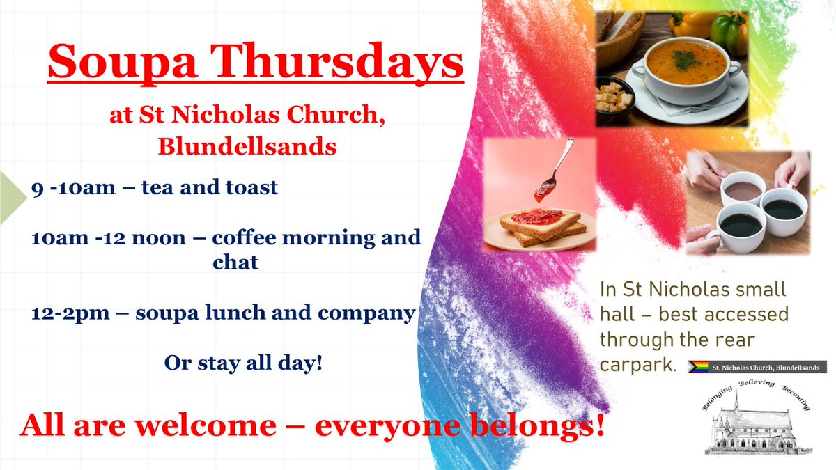 Come down to <a href="/stnicksbsands/">St Nicholas Church Blundellsands</a> for Soupa Thursdays for chat and snacks, every Thursday <a href="/SPLW_Sefton/">Social Prescribing Sefton</a>